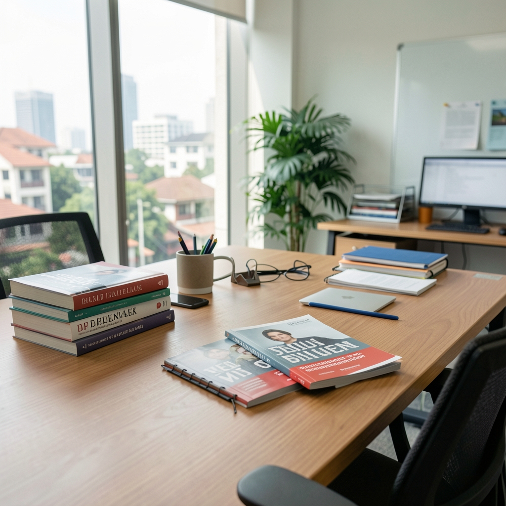 Arenos Journal editorial workspace — desk with books, supplement journal, and natural window light in Jakarta editorial office