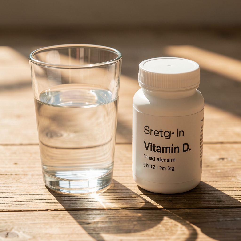 Glass of water and vitamin D supplement container on a sunlit wooden surface, editorial overhead composition