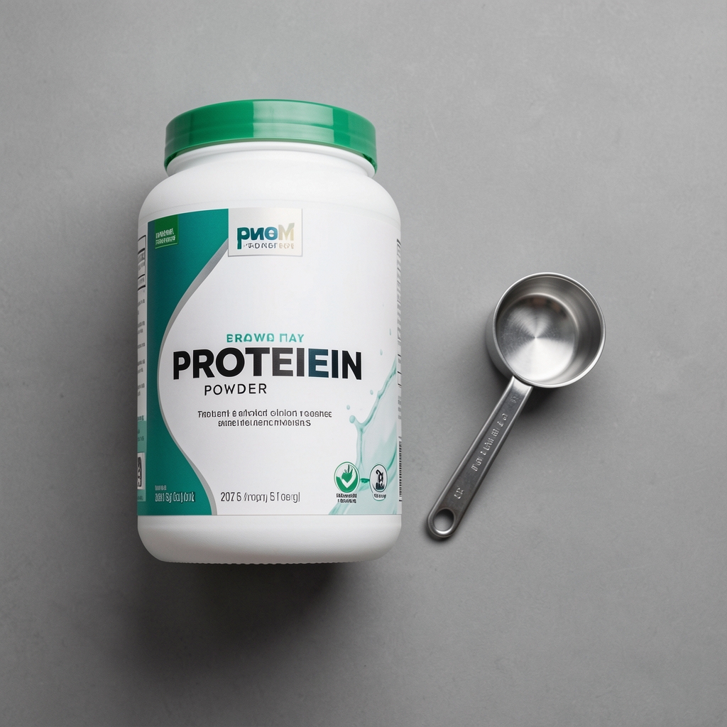 Protein powder container and measuring scoop on a neutral grey surface, editorial product flat lay